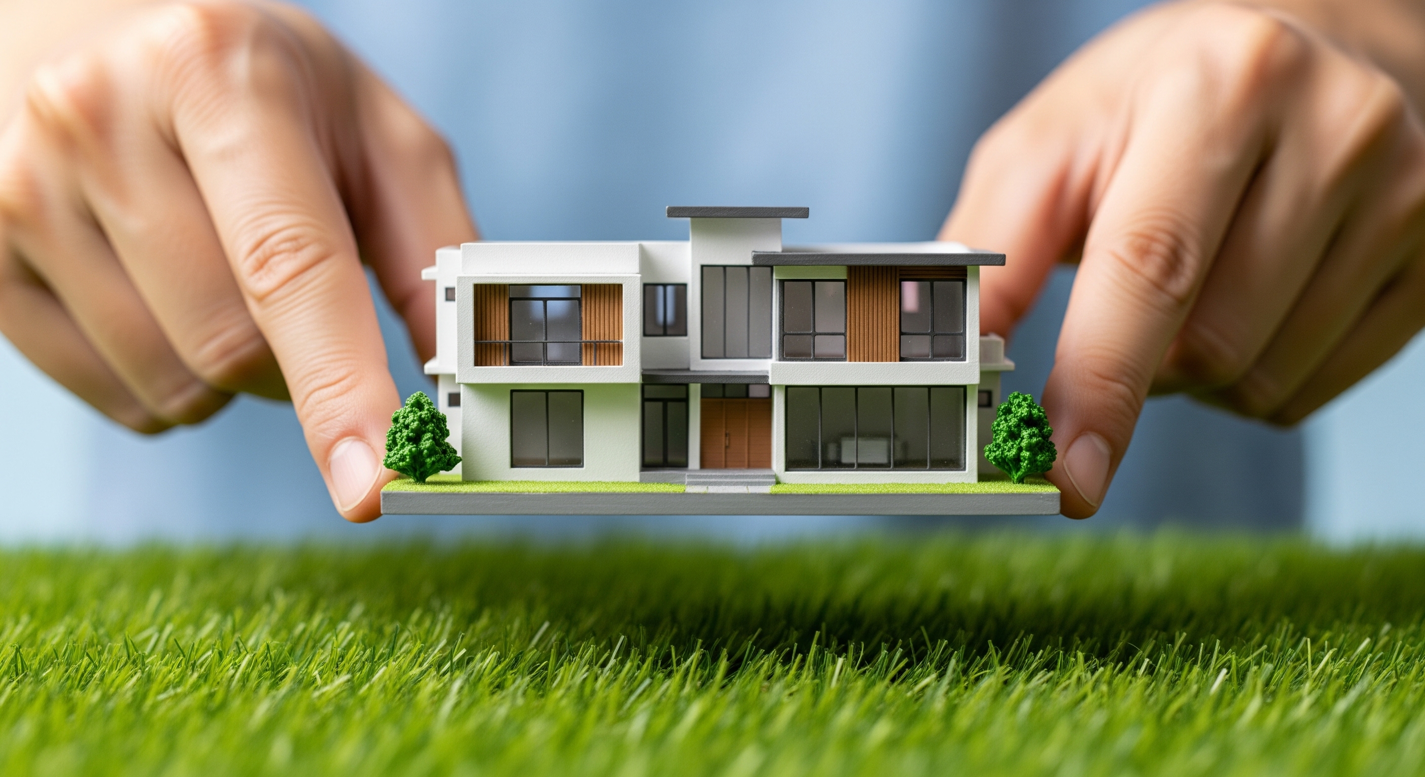 A pair of hands holds a model house above a patch of green grass, a visual metaphor for a leasehold property.